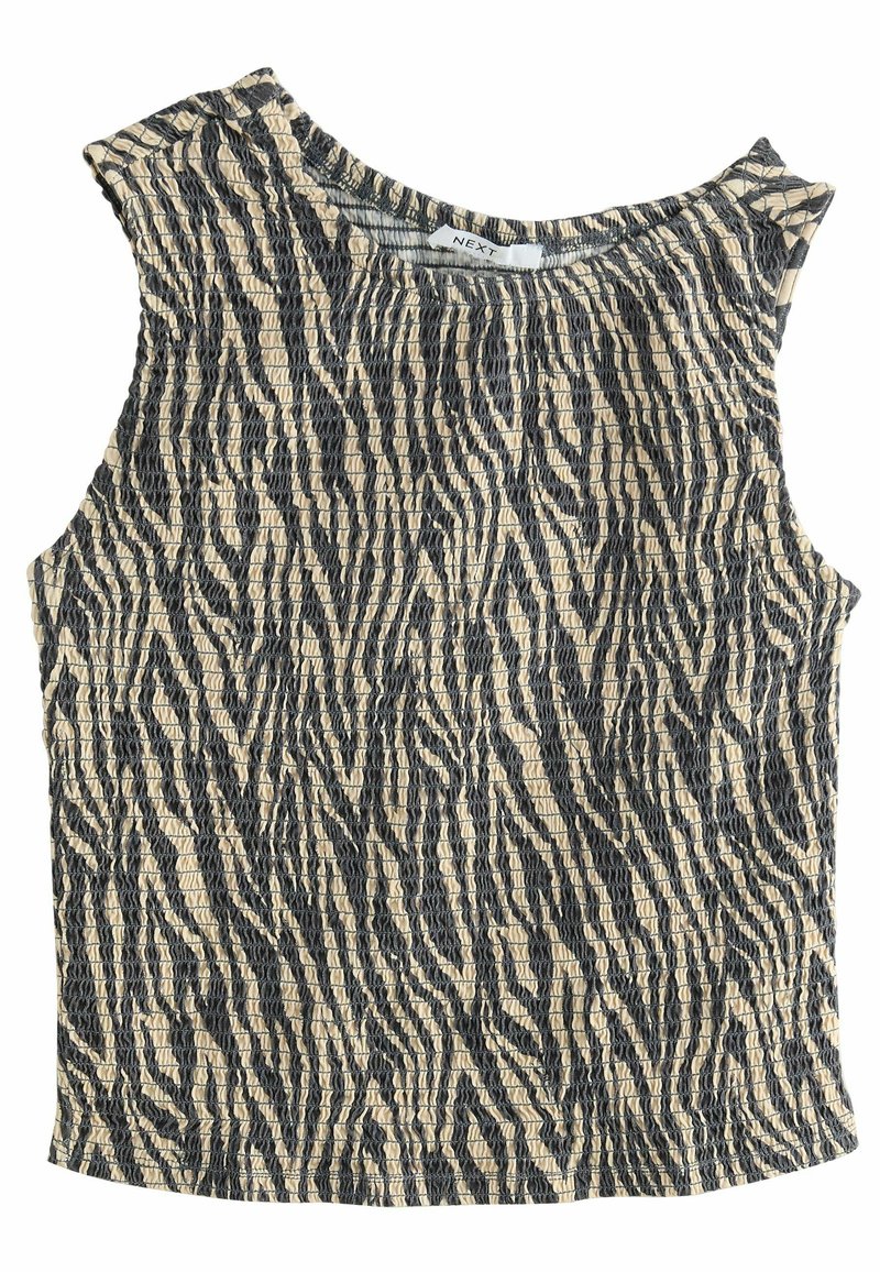 Haut sans manches en tissu tissé avec un motif texturé de rayures zèbre en beige et gris foncé. Encolure ronde et coupe décontractée.