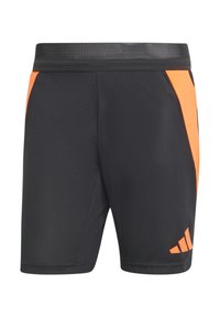 Schwarze Sportshorts mit orangen seitlichen Akzenten, einem strukturierten Muster und einem schwarzen Mesh-Taillengummi mit einem adidas-Logo.