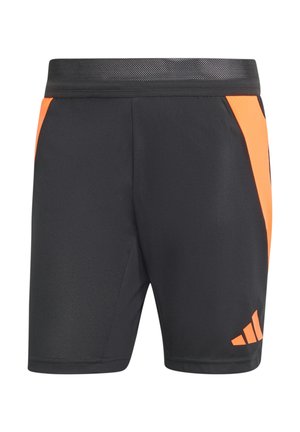 Zwarte sportshorts met oranje zijaccenten, een gestructureerd patroon en een zwarte mesh tailleband met een adidas-logo.