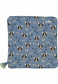 Sininen kangas, jossa on toistuva kuvio ranskanbulldogin kasvoista, luista ja tassunjäljistä. Kulmassa on pieni turkoosi yksityiskohta.