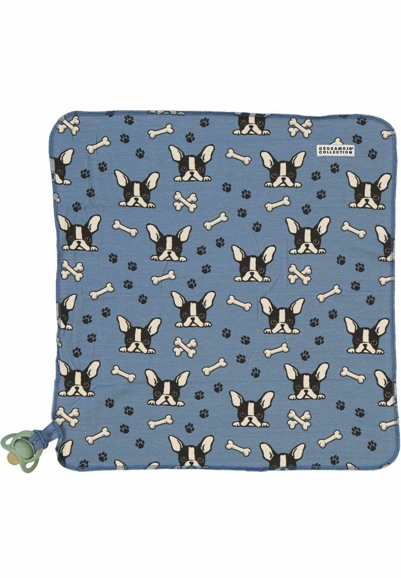 Sininen kangas, jossa on toistuva kuvio ranskanbulldogin kasvoista, luista ja tassunjäljistä. Kulmassa on pieni turkoosi yksityiskohta.