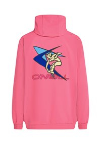 Roze jasje met een hoge kraag, elastische manchetten en een grote grafische afbeelding van een surfer in geel en blauw met de tekst "O'Neill" eronder.