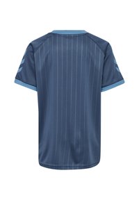 Marineblaues Kurzarm-Sporttrikot mit dezenten vertikalen Streifen und hellblauer Einfassung an Bündchen und Kragen, Rückansicht.