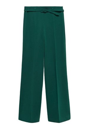 Wide-leg trousers in deep green fabric, featuring a belt with a buckle, smooth texture, and tailored design for an elegant fit.