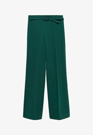 Wide-leg trousers in deep green fabric, featuring a belt with a buckle, smooth texture, and tailored design for an elegant fit.