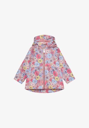 Giacca da pioggia con motivo floreale rosa, dotata di cappuccio, cerniera frontale e maniche lunghe con vestibilità ampia. Il materiale sembra resistente all'acqua.
