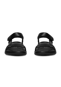 Black sandals featuring two adjustable straps, a textured synthetic upper, and a cushioned sole for comfort. Durable and lightweight design.
