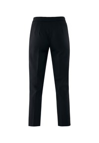 Czarne, dopasowane spodnie o gładkiej fakturze, z pośrednim stanem, fałdami z przodu i prostymi nogawkami. Bez widocznych elementów metalowych ani wzorów.
