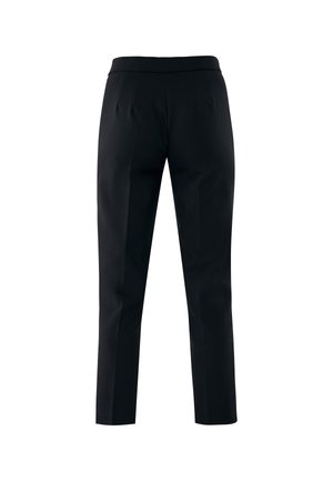 Zwarte, op maat gemaakte broek met een gladde textuur, voorzien van een middelhoge taille, voorplooien en een rechte pasvorm. Geen zichtbare hardware of patronen.