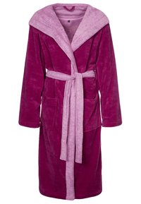Fleece robe in dark pink with a light pink shawl collar and matching belt. Features two front pockets and long sleeves. Soft texture.