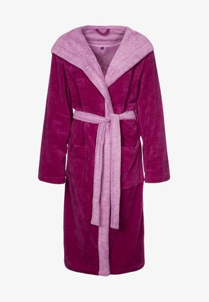 Fleece robe in dark pink with a light pink shawl collar and matching belt. Features two front pockets and long sleeves. Soft texture.