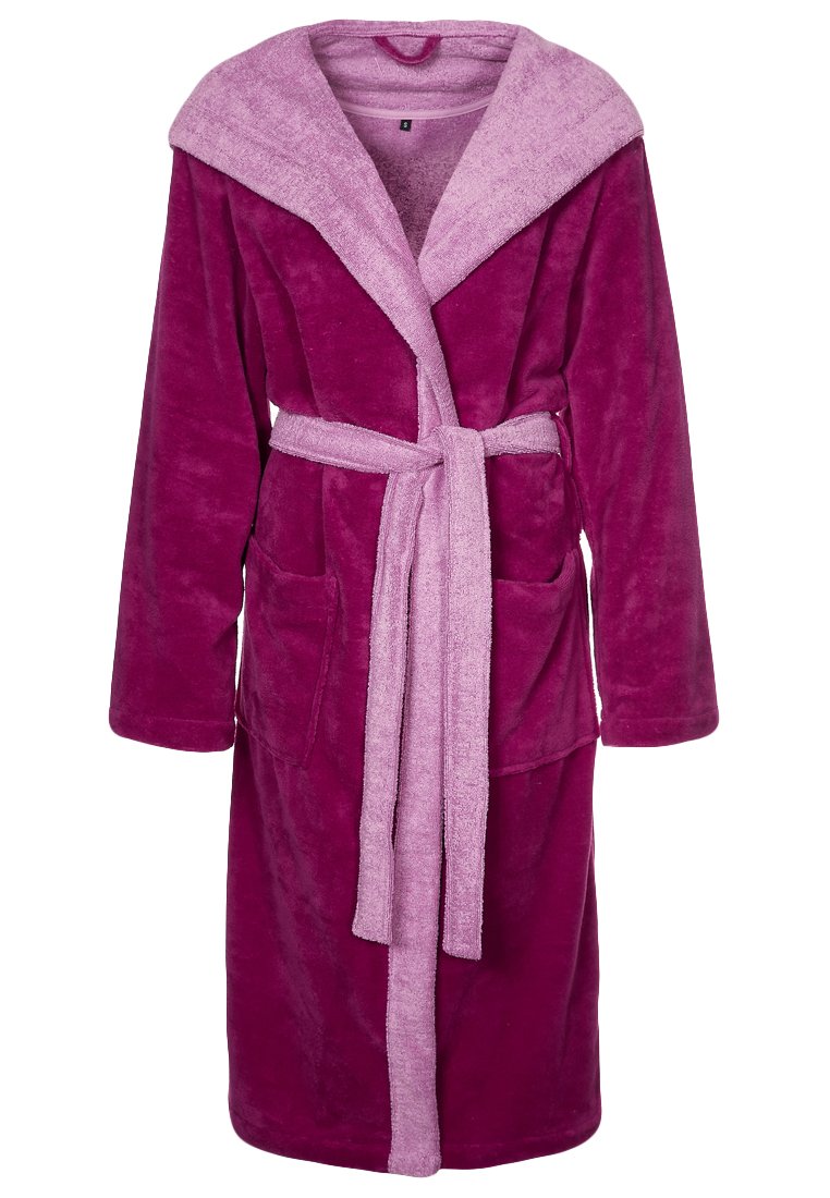 Fleece robe in dark pink with a light pink shawl collar and matching belt. Features two front pockets and long sleeves. Soft texture.