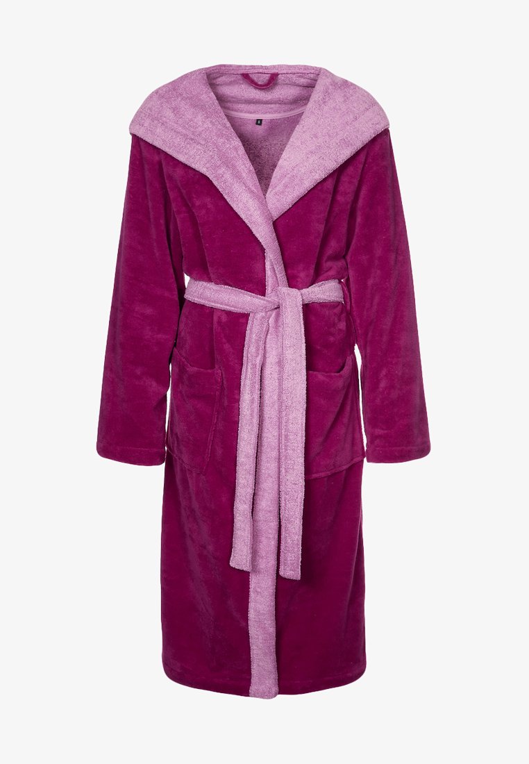 Fleece robe in dark pink with a light pink shawl collar and matching belt. Features two front pockets and long sleeves. Soft texture.
