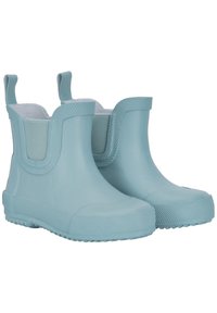 Bottes de pluie en caoutchouc bleu clair à la cheville avec semelles texturées, panneaux latéraux élastiques et tirettes pour un enfilage facile. Finition lisse et design arrondi.