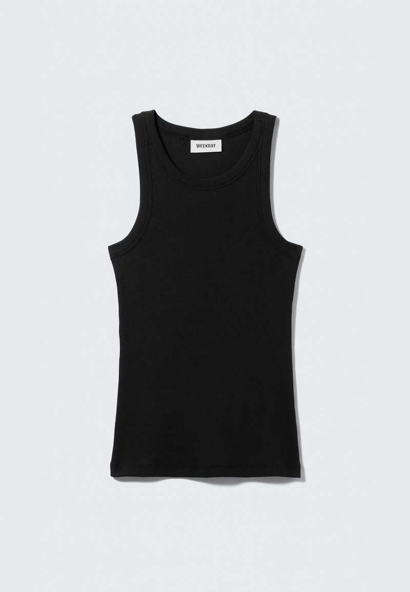 Débardeur noir en coton avec un col rond et un design sans manches. Présente une silhouette ajustée et une texture côtelée. Étiquette de la marque affichée.