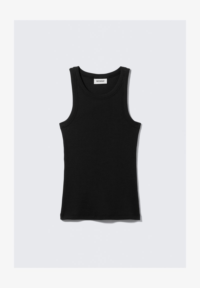 Débardeur noir en coton avec un col rond et un design sans manches. Présente une silhouette ajustée et une texture côtelée. Étiquette de la marque affichée.