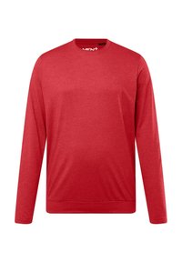 Rotes Langarmshirt mit rundem Ausschnitt. Hergestellt aus weichem Stoff, mit einer strukturierten Oberfläche und einem subtilen Logo auf der Brust.