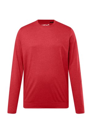 Red long-sleeve shirt with a round neckline. Made of soft fabric, featuring a textured finish and a subtle logo on the chest.