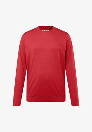 Red long-sleeve shirt with a round neckline. Made of soft fabric, featuring a textured finish and a subtle logo on the chest.