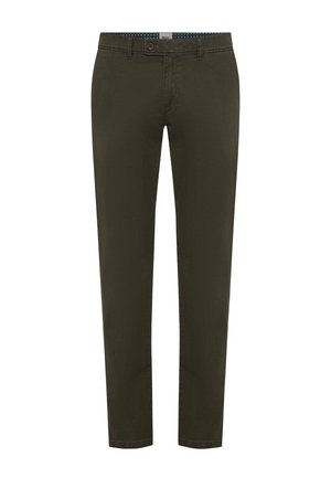 Olive green chinos made of cotton, featuring a slim fit, standard pockets, and a button closure with a contrasting patterned waistband.