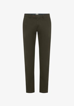 Olijfgroene chino's van katoen, met een slim fit, standaard zakken en een knoopsluiting met een contrasterende gepatterne tailleband.