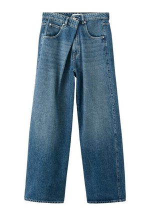 Jeans denim blu a gamba larga con tasche frontali, passanti per cintura e vita alta, mostrati su sfondo bianco.