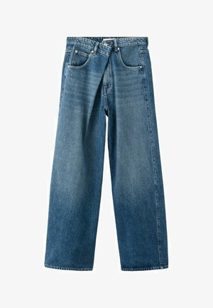 Jeans denim blu a gamba larga con tasche frontali, passanti per cintura e vita alta, mostrati su sfondo bianco.