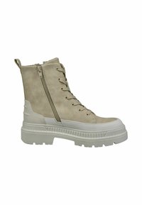 Stivaletti beige alla caviglia con un upper in suede testurizzato, lacci anteriori, chiusura laterale con zip e una suola in gomma bianca spessa. Accentuati da dettagli di cucitura.