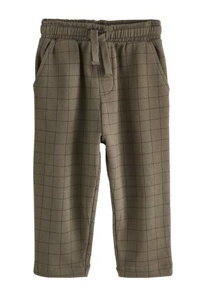 Pantaloni pentru copii mici de culoare verde măsliniu, cu talie elastică, șnur, buzunare laterale și model subțire în pătrățele negre.