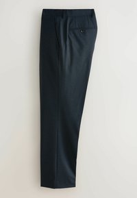 Dark blue trousers with a smooth texture, featuring a single back pocket with a button closure and a tailored, straight-leg design.