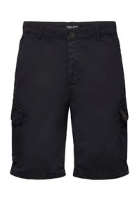 Pantaloni cargo neri realizzati in tessuto leggero, dotati di due tasche laterali, chiusura con bottone e dettagli cuciti all'orlo.