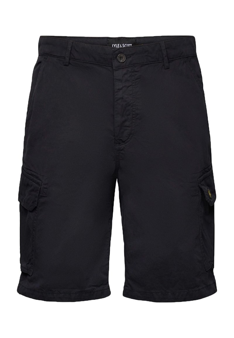 Pantaloni cargo neri realizzati in tessuto leggero, dotati di due tasche laterali, chiusura con bottone e dettagli cuciti all'orlo.