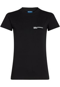 T-shirt in cotone nero con colletto girocollo e maniche corte, con il marchio bianco "KARL LAGERFELD JEANS" nella parte superiore sinistra del petto.