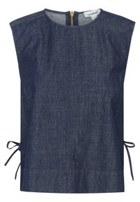 Dark blue denim top with a high neckline, short sleeves, and side ties. Features a gold zip closure at the back and a smooth texture.