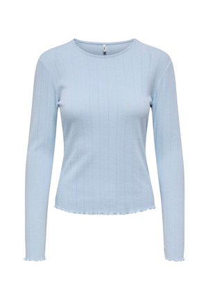 Lichtblauw langslijfs shirt met een geribbelde textuur en een golvende onderrand, met een ronde halslijn en een strakke silhouette.