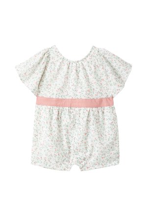 Weißer Baby-Strampler mit kurzen Ärmeln, verstreutem kleinen rosa und grünem Blumenmuster und einem rosa Taillenband in der Mitte.