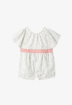 Weißer Baby-Strampler mit kurzen Ärmeln, verstreutem kleinen rosa und grünem Blumenmuster und einem rosa Taillenband in der Mitte.