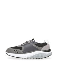 Gray athletic shoe featuring a mix of suede and synthetic materials, an athletic silhouette, lace closure, and textured rubber sole.