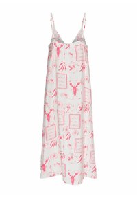 Robe d'été blanche sans manches avec des imprimés roses de fruits de mer comprenant homards, poissons et piments, avec des bretelles fines et réglables.