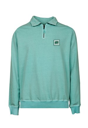 Sudadera pullover verde menta con cremallera de cuarto, puños y dobladillo acanalados, y un pequeño logo de elefante encerrado en un cuadrado en el pecho.