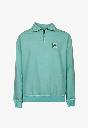 Mintgroene pullover sweatshirt met een kwart ritssluiting, ribgebreide manchetten en onderrand, en een klein olifantenlogo in een vierkant op de borst.