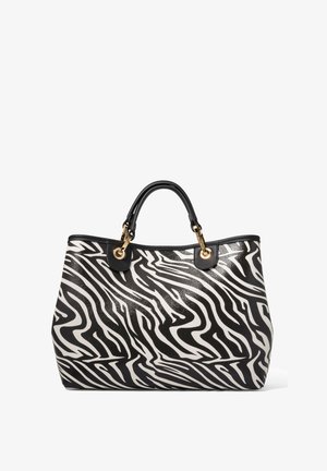 Borsa a spalla a zebra in bianco e nero, con pelle testurizzata, doppi manici neri e dettagli in metallo dorato.