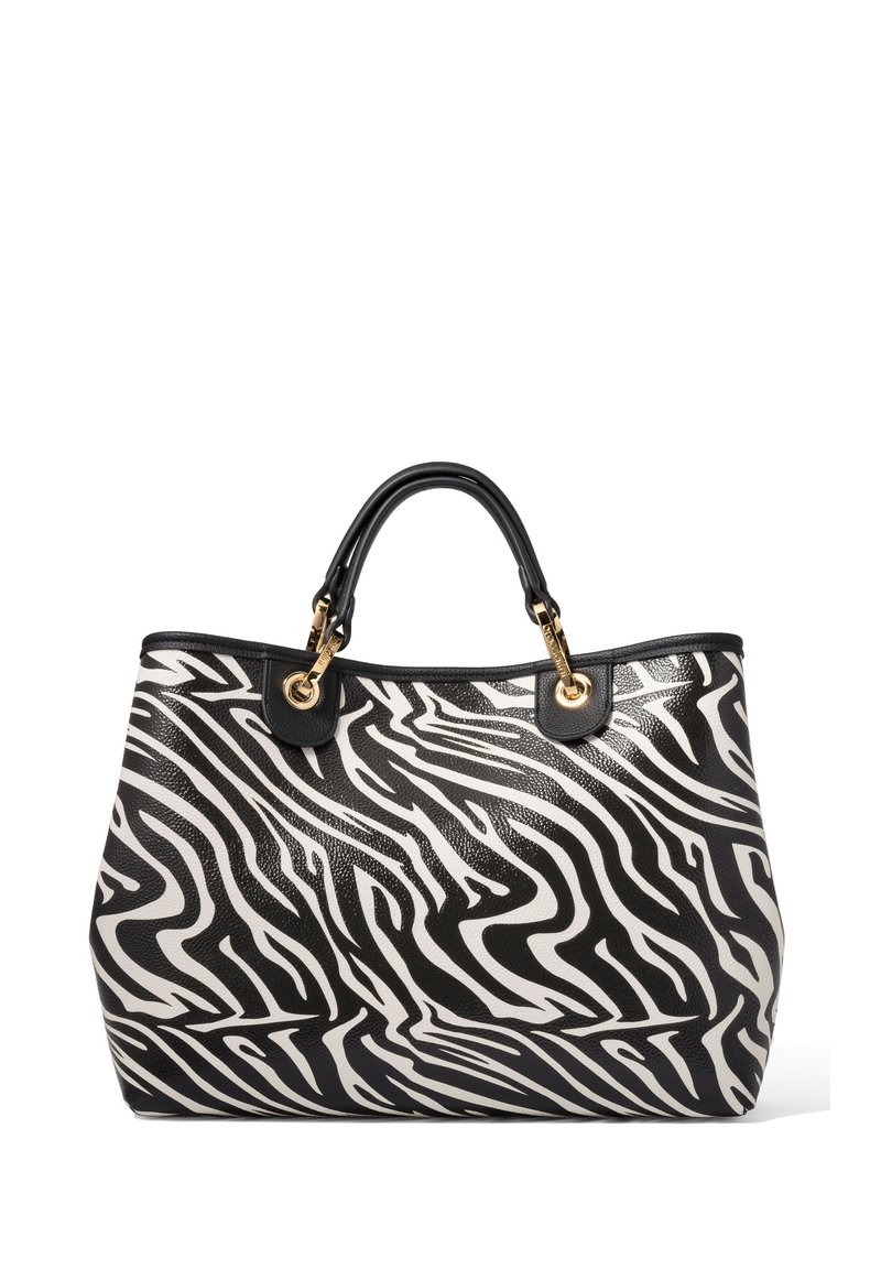 Borsa a spalla a zebra in bianco e nero, con pelle testurizzata, doppi manici neri e dettagli in metallo dorato.