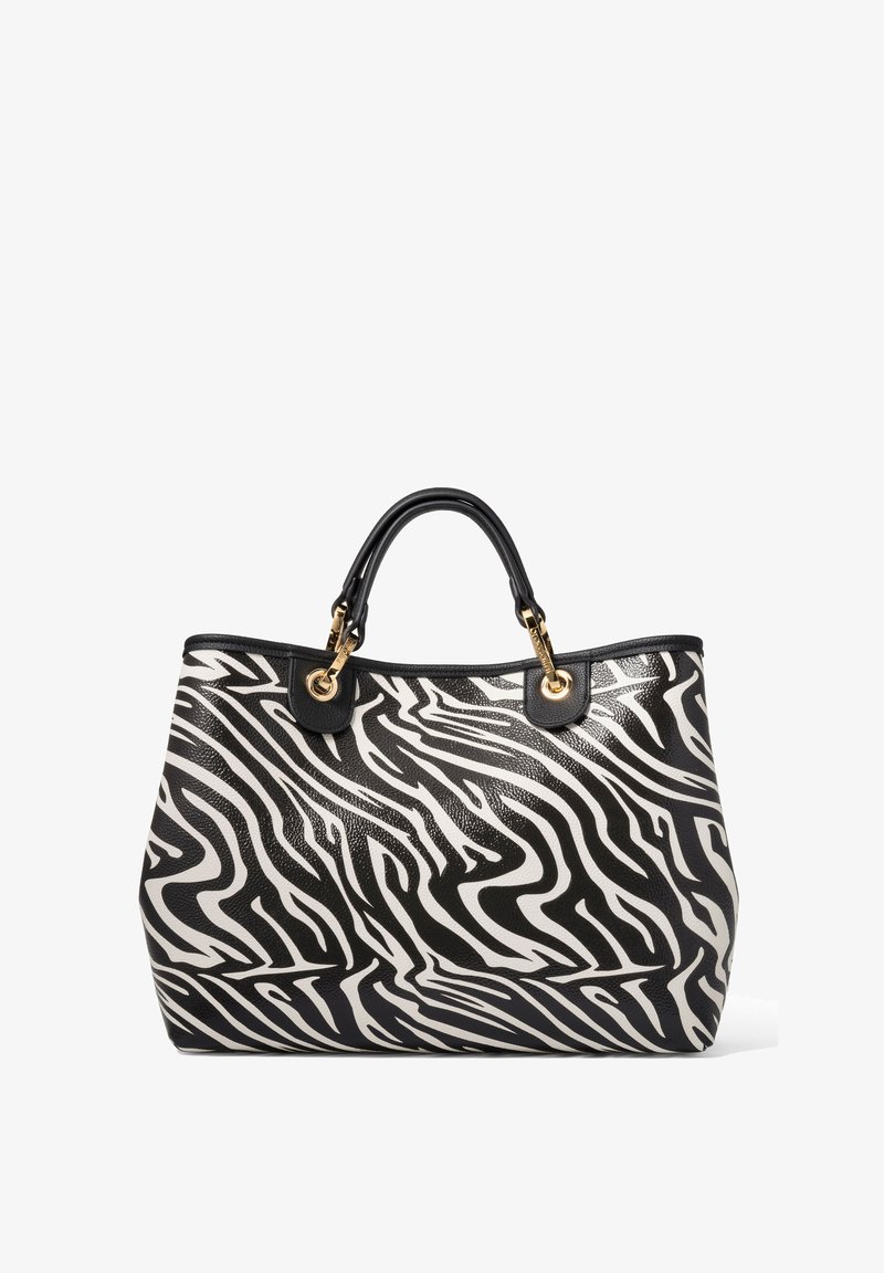 Zebra-patterned tote bag in black and white, featuring textured leather, dual black handles, and gold-tone hardware accents.