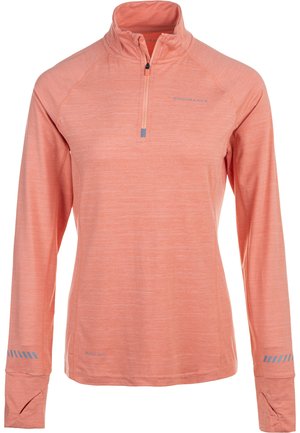 Long-sleeve, zip-neck athletic top in light coral, featuring a heathered texture and reflective accents on sleeves for visibility. Quick-dry material.