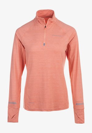 Long-sleeve, zip-neck athletic top in light coral, featuring a heathered texture and reflective accents on sleeves for visibility. Quick-dry material.
