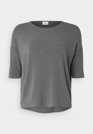 Šedý krátký rukáv top z měkké tkaniny, s volným střihem, kulatým výstřihem a zakřiveným lemem. Bez výrazných vzorů nebo akcentů.