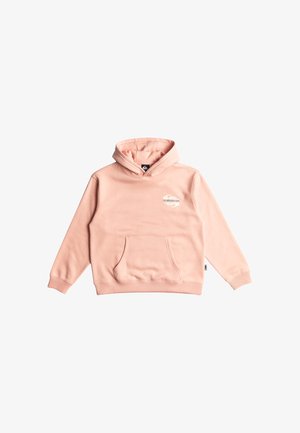 Sweatshirt à capuche rose en tissu doux, doté d'une poche avant et d'un logo sur la poitrine. Design simple et coupe décontractée.