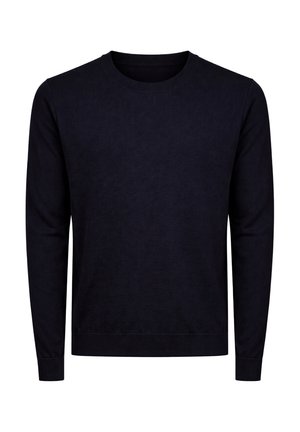 Maglione nero a maniche lunghe in maglia con scollo rotondo e polsini e orlo a coste, mostrato su sfondo bianco.