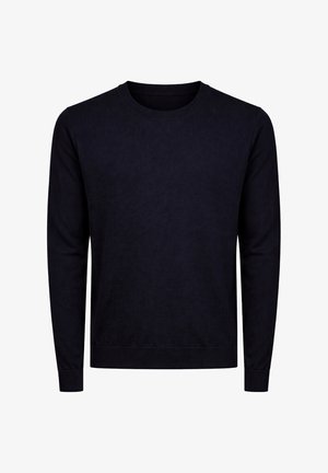 Maglione nero a maniche lunghe in maglia con scollo rotondo e polsini e orlo a coste, mostrato su sfondo bianco.